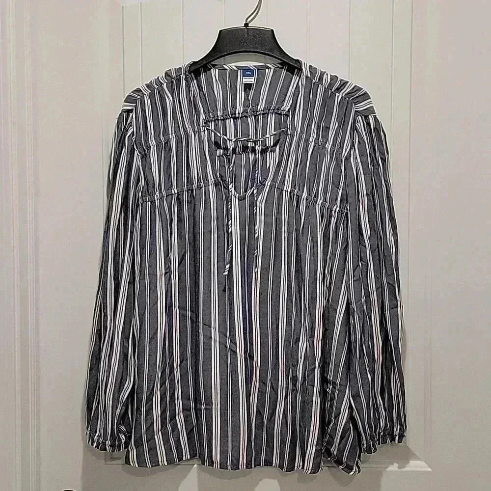Old Navy Blue White Vertical Stripe Long Sleeve Blouse Size XXL - Picture 1 of 8